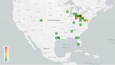 Heat map of summer 2022 co-op/internship/REU locations