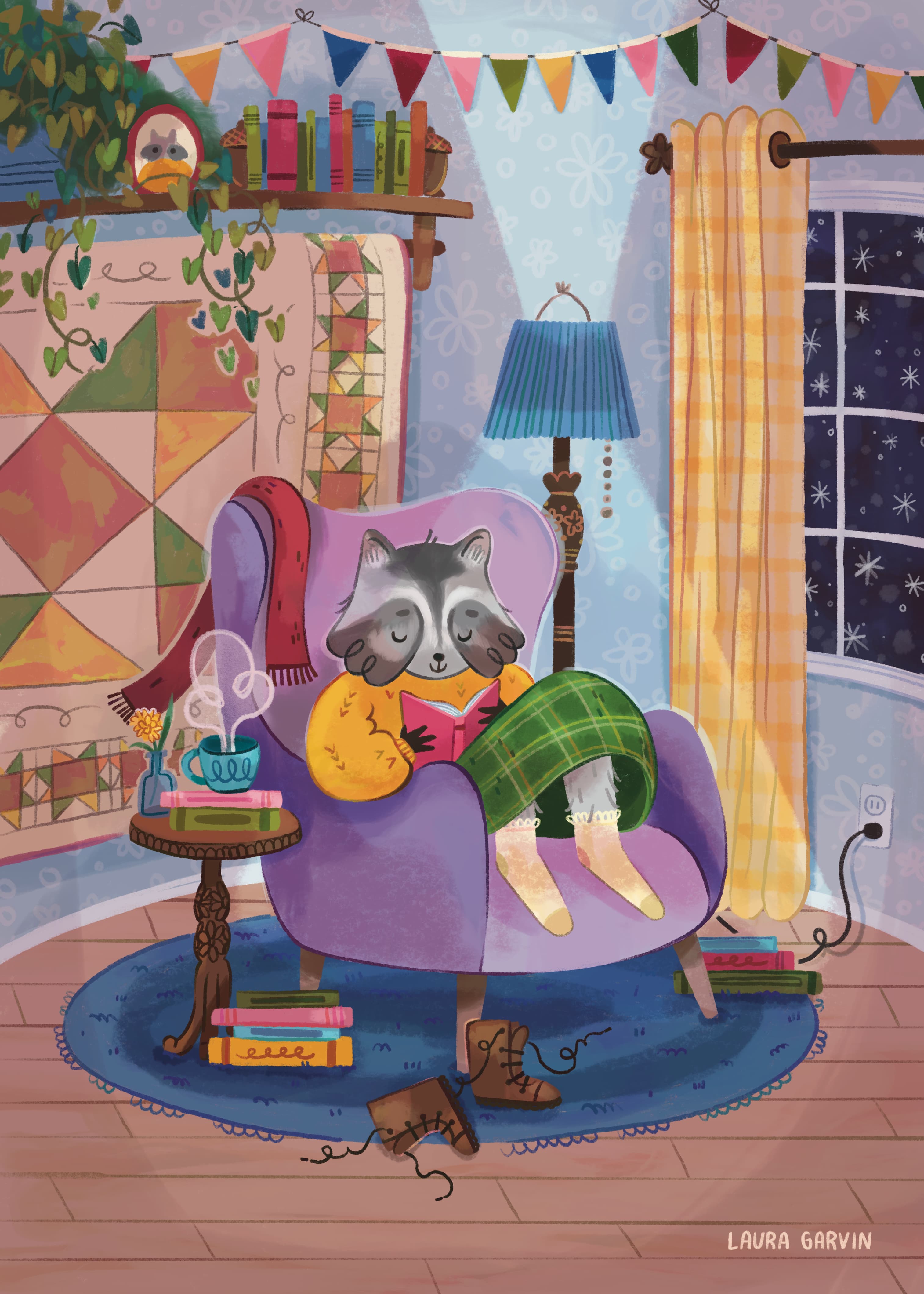illustration of comfortable raccoon or animal reading
