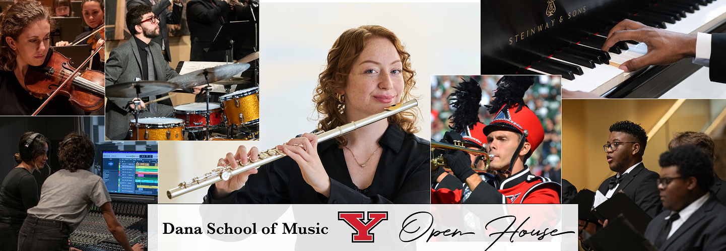 Collage of Music students: strings, percussion, woodwinds, voice, Marching Pride