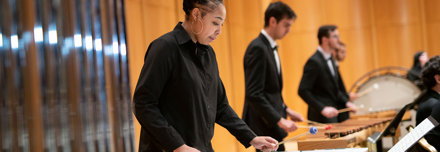 Percussionists on stage at Stambaugh Auditorium