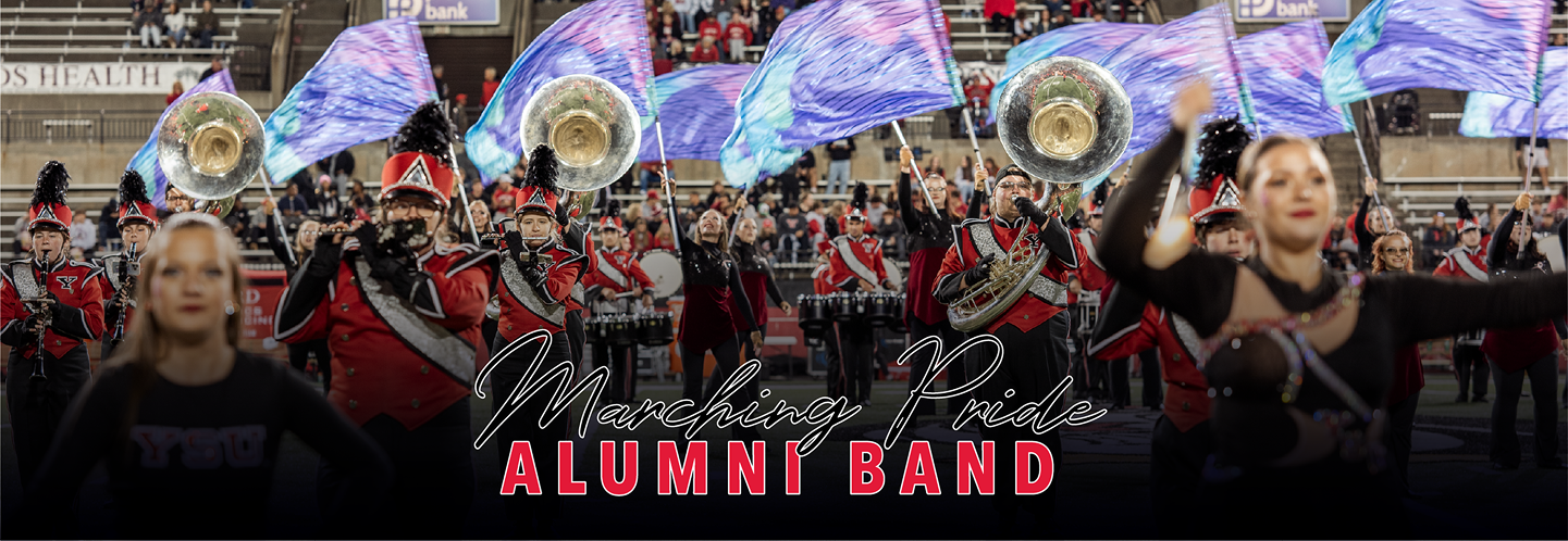 Image of Marching Pride on field with "Marching Pride Alumni Band" overlay