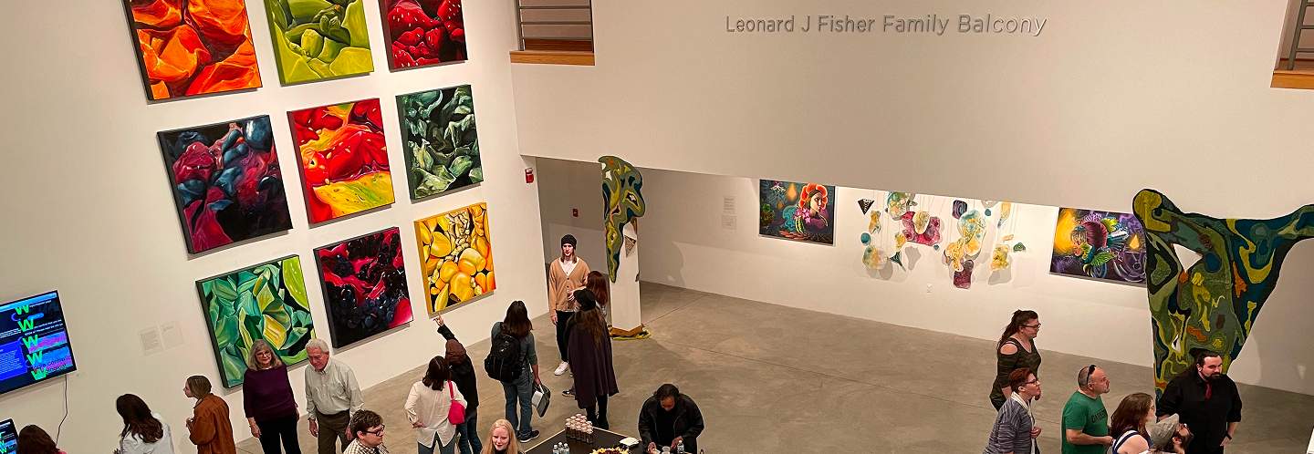 View of installation gallery from above during opening reception