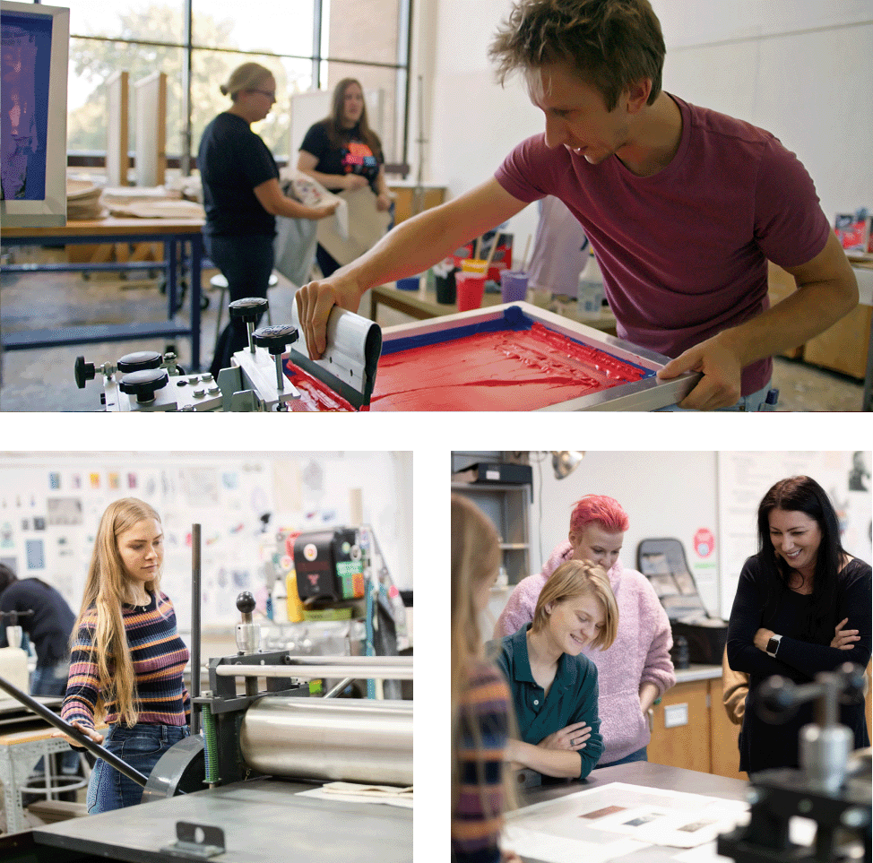 college of students and faculty working in the printmaking lab