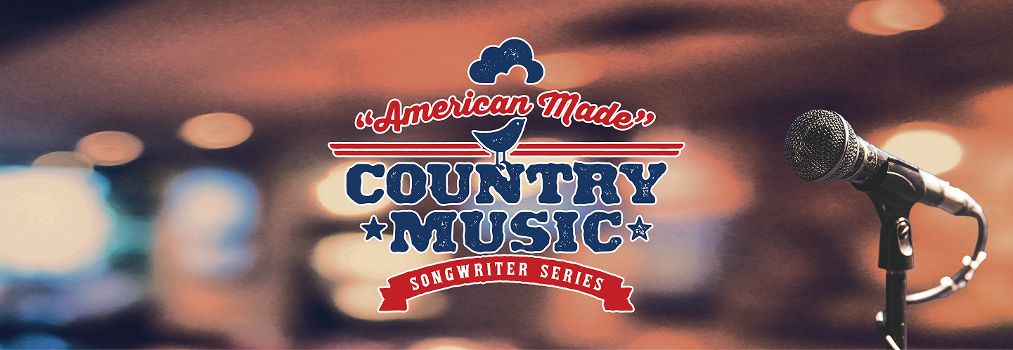 American Made Country Music Songwriter Series logo set on top of a blurry background with cafe lighting. There is a microphone in the foreground.